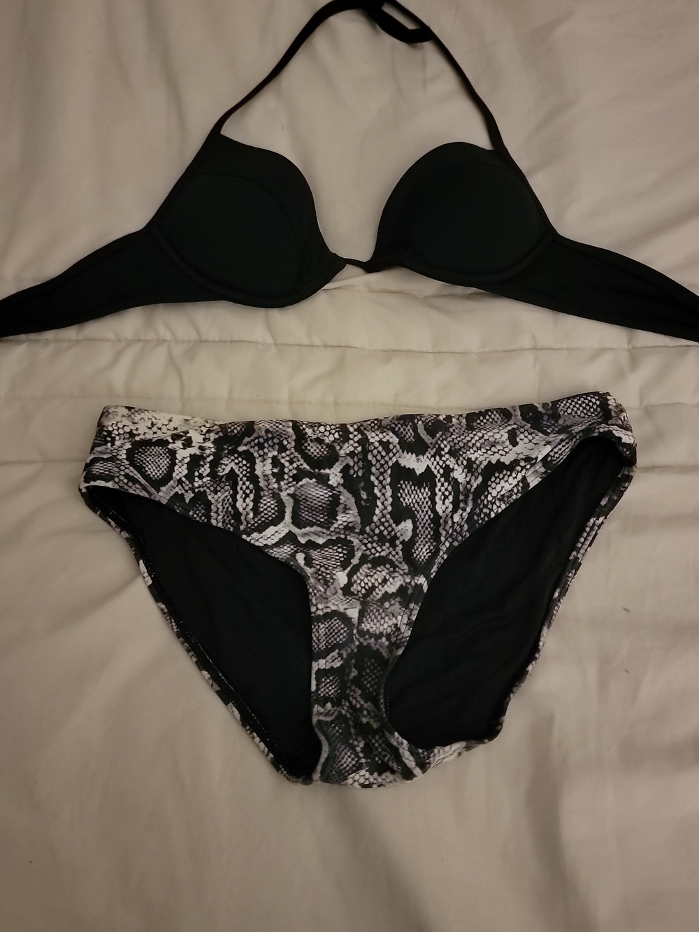 Black Halter Bikini Top with Black & White Snakeskin Print Bikini Bottom